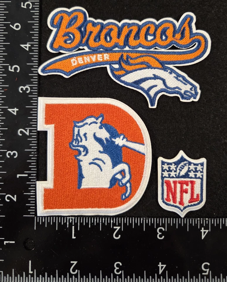DENVER BRONCOS SET OF 3 NFL FOOTBALL IRON ON PATCHES SEE PHOTO/ RULER - Image 1 of 1