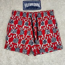 Vilebrequin Mens Moorise Red Primitive Tiki Turtles Hawaiian Lined Swim Trunks M