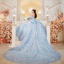 Sky Blue Quinceanera Dresses Off The Shoulder Lace Appliques Bow Party Birthday