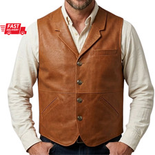 Men's Genuine Brown Leather Vest Cowboy Western Waistcoat Vintage Biker Style