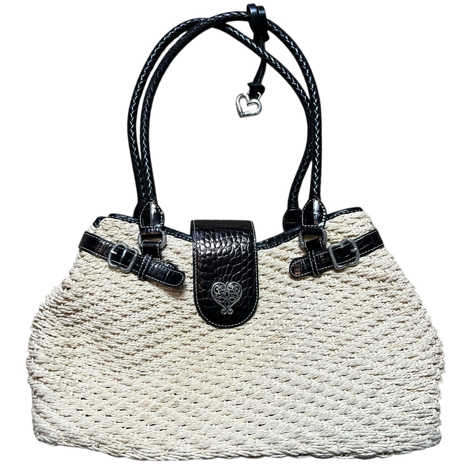 Brighton Natural Straw Woven Handbag Purse Hand Bag Leather Heart Charm