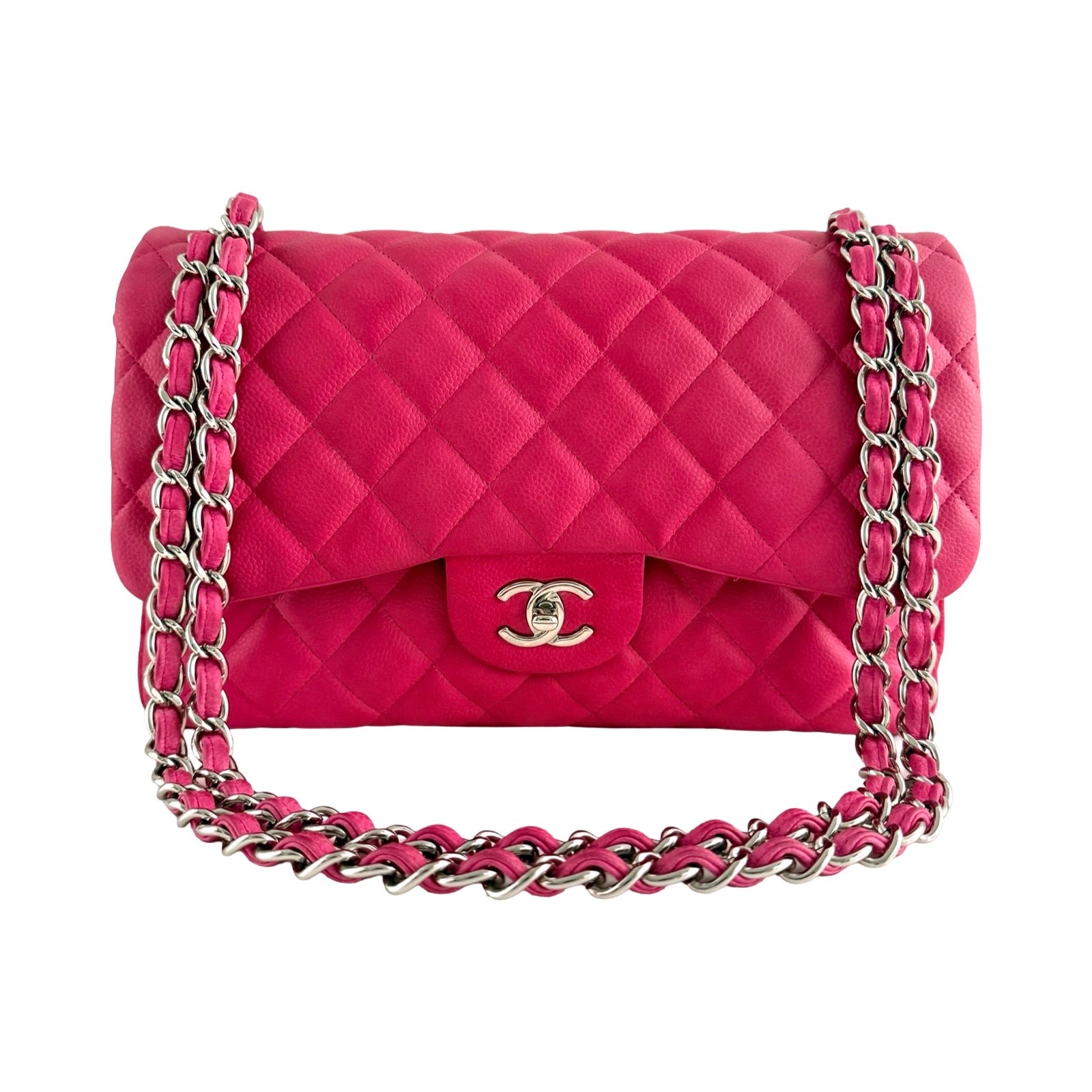 Chanel - CC Fuchsia Matte Pink Quilted Caviar Jumbo Double Flap | fomoluxury