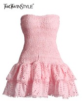 TWOTWINSTYLE Patchwork Folds Casual Dresses For Women Strapless Sleeveless High