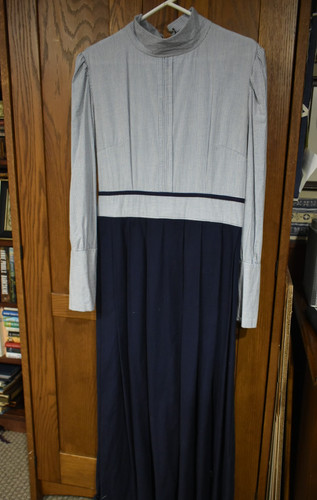 Pioneer Victorian 19th Century Cotton Dress Striped Bodice Navy Skirt Adult
