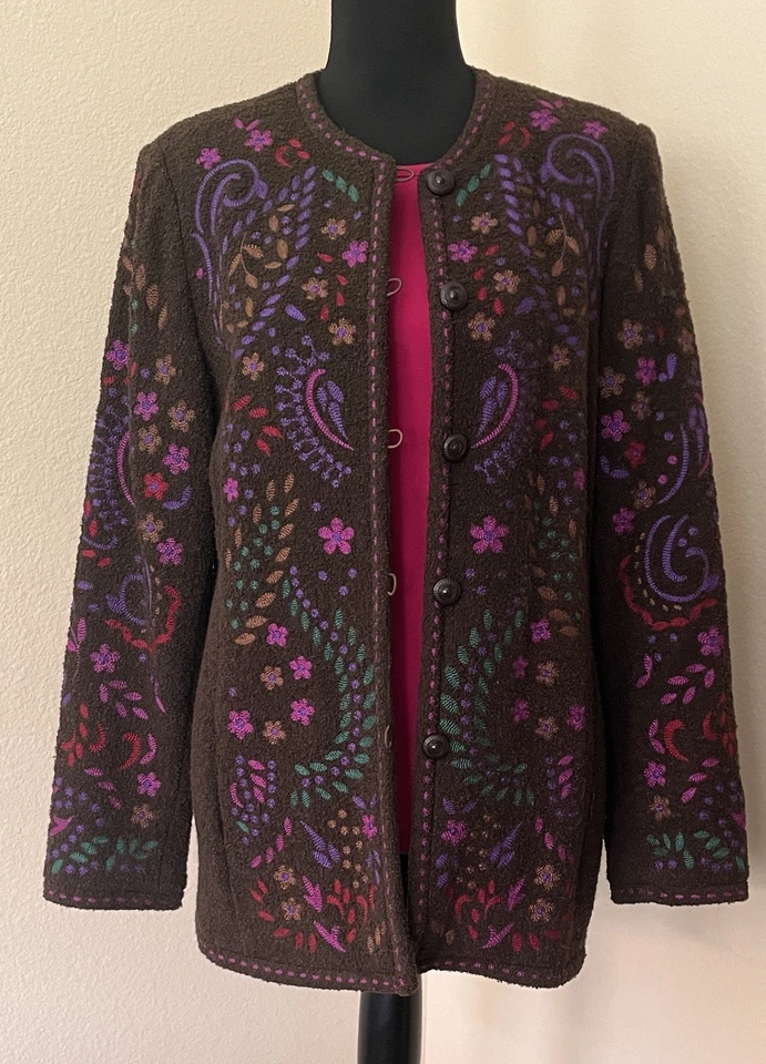 "Abrigo de lana bordado Linea by Louis Dell 'Olio marrón con rosa verde púrpura 27"" L" Foto 2 de 4