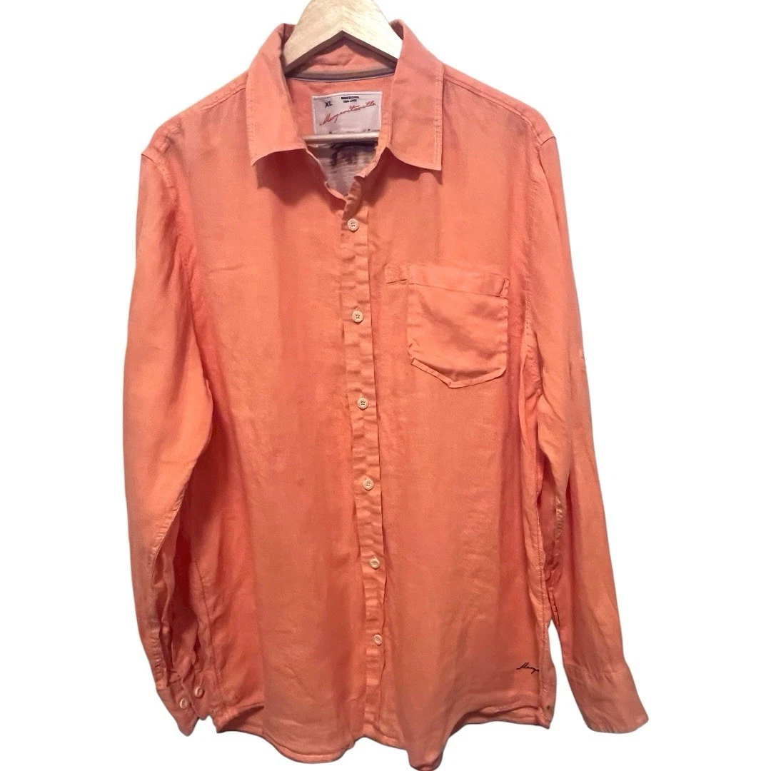 Margaritaville Mens Orange Coral Linen RollTab Button Up Shirt Size XL