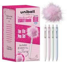 uniball The Elle Pen Set, Zento Gel Pens with Pink Puff, Black Ink, 0.7mm Me...