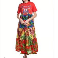Farm Rio A Brasileira Maxi TShirt Dress Red Tropical Toucan Print XS 100% Cotton