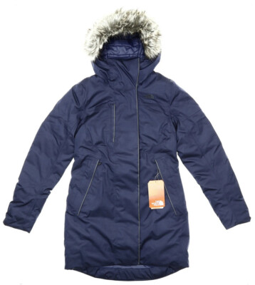 The North Face Womens Navy Down Parka With Faux Fur Trim Coat Size M B1053