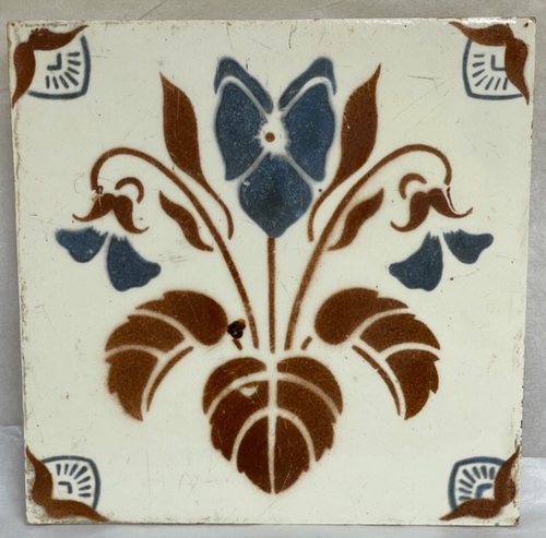 Antique Art Nouveau Floral 6"x6" Tile Stencled Dusty Blue & Amber floral