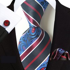 Classic Paisley Blue Black Jacquard Silk Men's Tie Necktie Hanky Cufflink Set