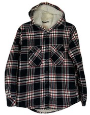 BOSTON TRADERS Flannel Sherpa Jacket Women  s Size S Hooded Black Red White Plaid