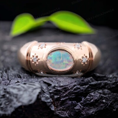 925 Sterling Silver 6x4mm Oval Shape Natural Opal Ring Cubic - Main Image