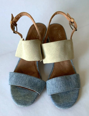 Toms Poppy Sandals Size 9 Blue Chambray Birch Suede Jut Blocked Heel Slingback