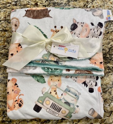 Honey Lemonade Safari Animals Soft Plush Minky Dot Baby Blanket 30x40 New