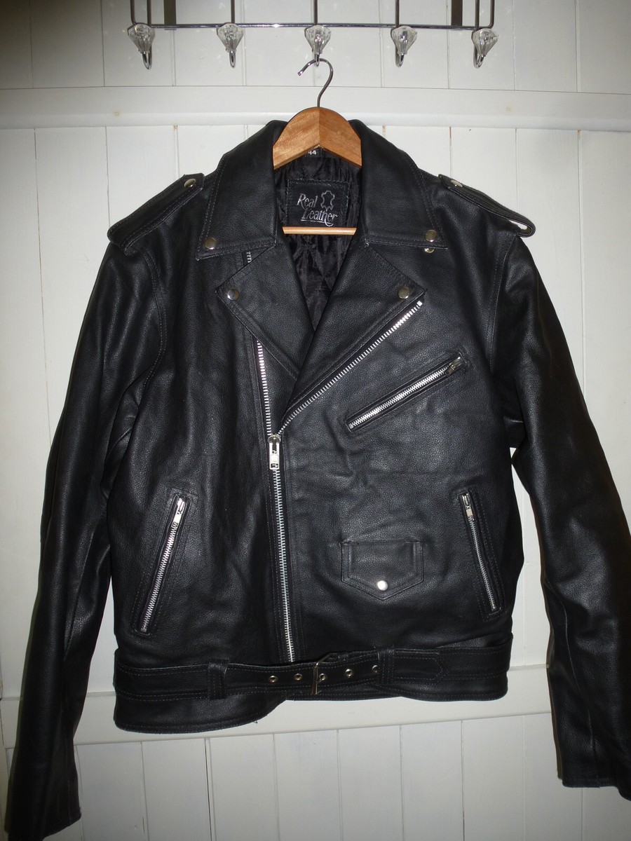 mens REAL LEATHER BLACK BIKERS JACKET UK SIZE 44