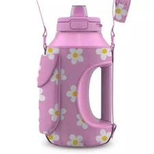 Ello 64oz Water Bottle with Bag Pink Daisy: Large Portable Drinkware for Cold