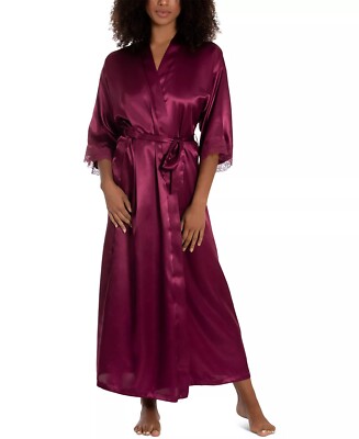 Linea Donatella Women's Lace-Trim Long Charmeuse Satin Wrap Robe, Magenta, S/M