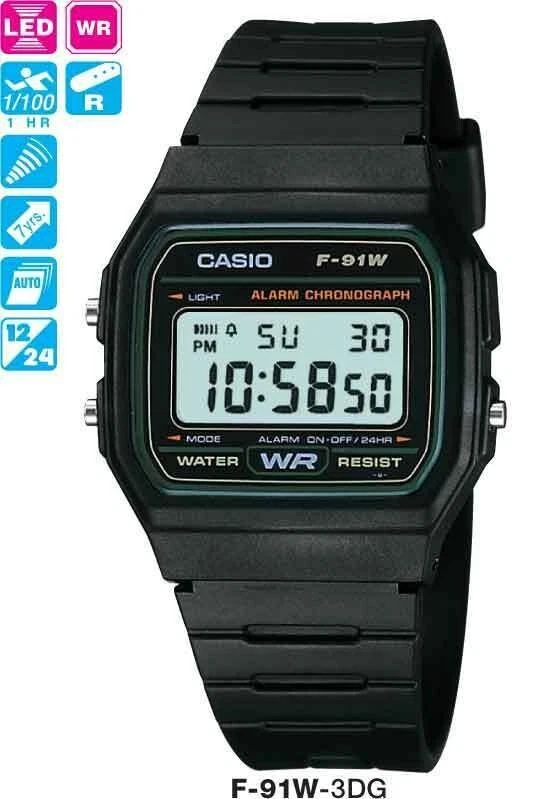 CASIO F91W-3DG Classic Digital Black Resin Chronograph Alarm Sport Watch