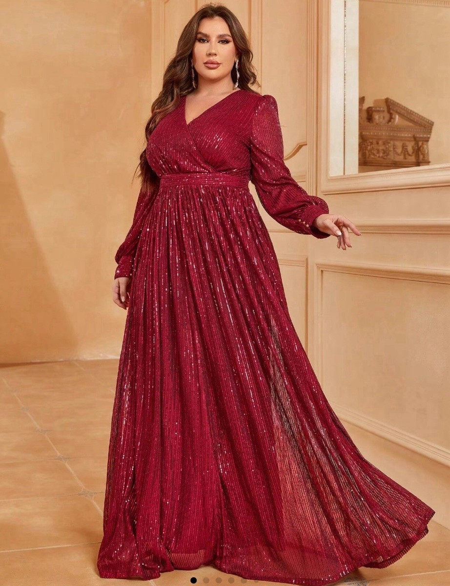 Women's Plus Size Glitter Wrap V Neck Lantern Sleeve Evening Dress