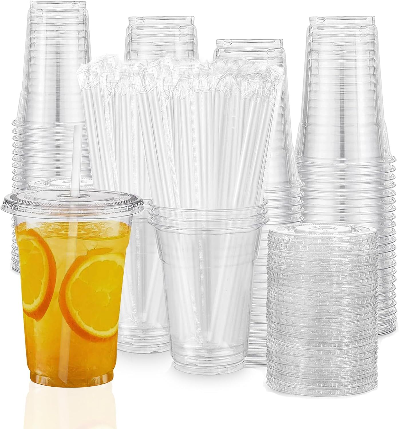 TahiBox 100-Pack 16 oz Clear Plastic Cups with Lids and Straws