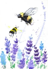 Bee Lavender Painting Honey Bee Original Watercolor Flower Wall Art Floral Decor
