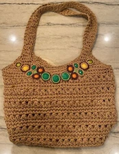 Sun N Sand Accessories Straw Raffia Bag Purse Hobo Boho Embellished Brown Beach