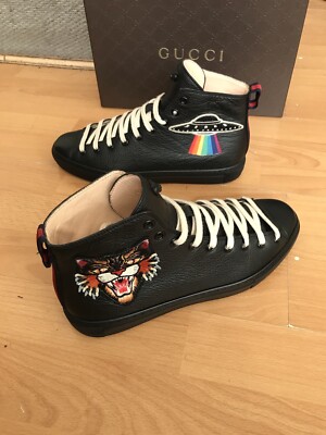 Gucci Herren Schwarz Leder Angry Cat Bestickt Hoch Sneaker Turnschuh Uk 6,5