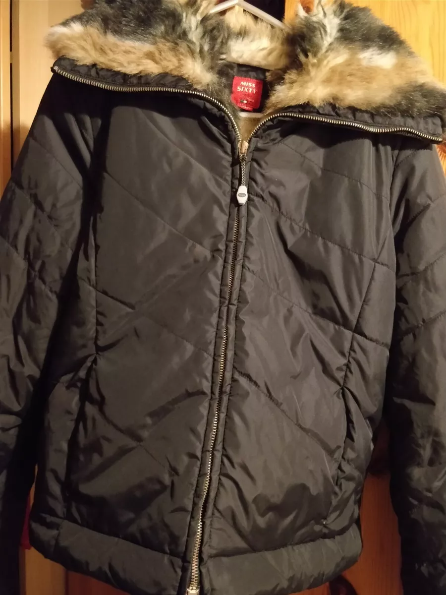 Vintage Y2K Miss Sixty Black Faux Fur Lined Bomber Jacket Ladies Small
