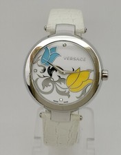 Versace Mystique I9Q Silver Tone White Tulip Dial Leather Swiss Womens Watch