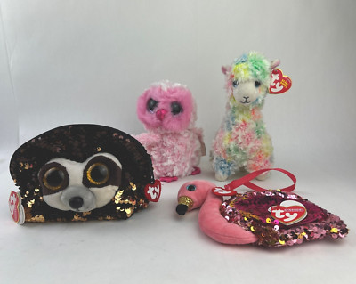Lot Of 4 TY Beanie Boos 7  Flippables Color Changing Sequins Flamingo Plush Owl