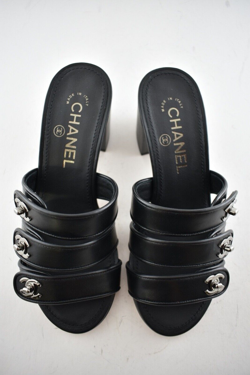 Chanel 19P Black Leather Turnlock CC Logo Mule Strap Slide Block
