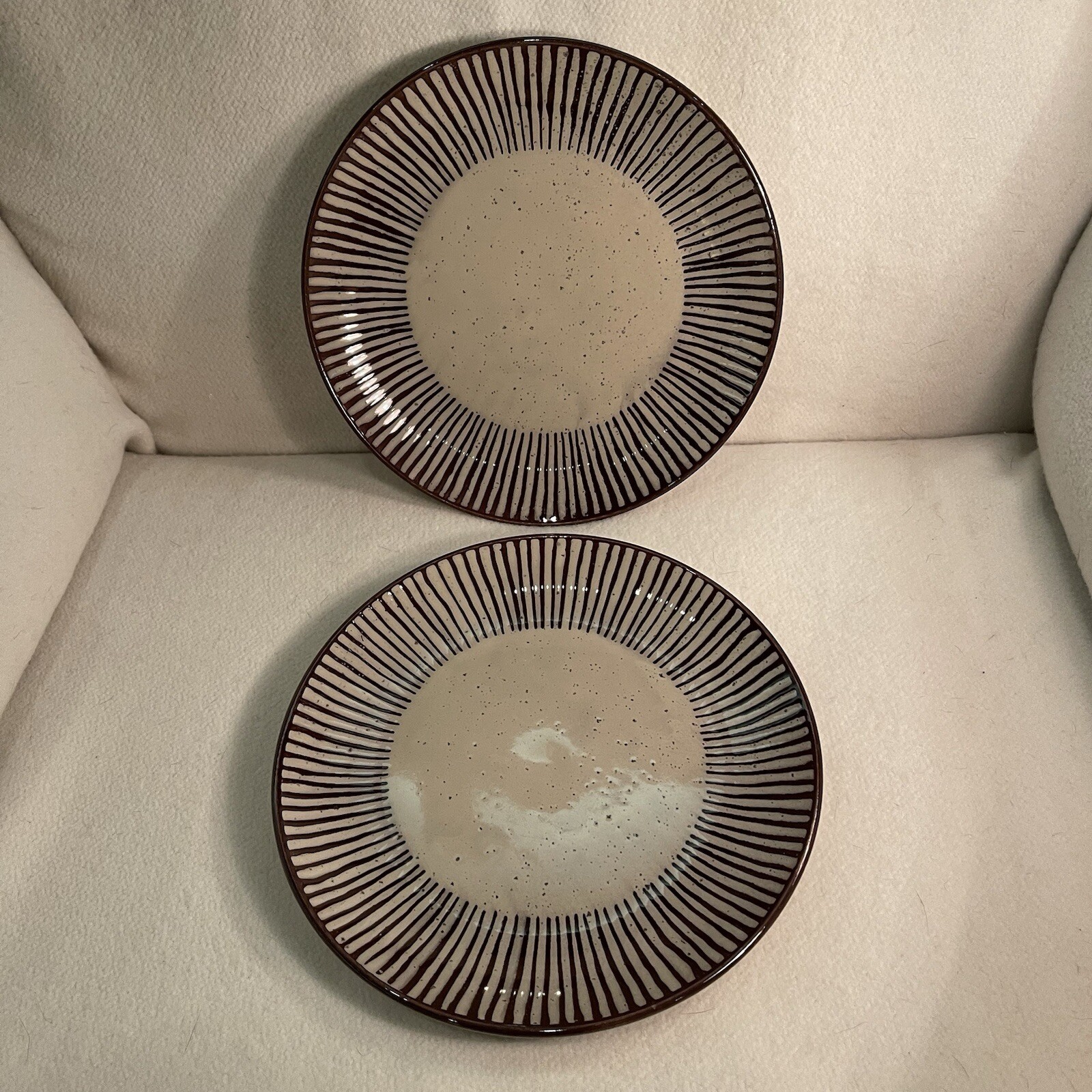 Over And Back Stoneware Salad/ Dessert Plates Beige Brown Lined Pattern Set 2