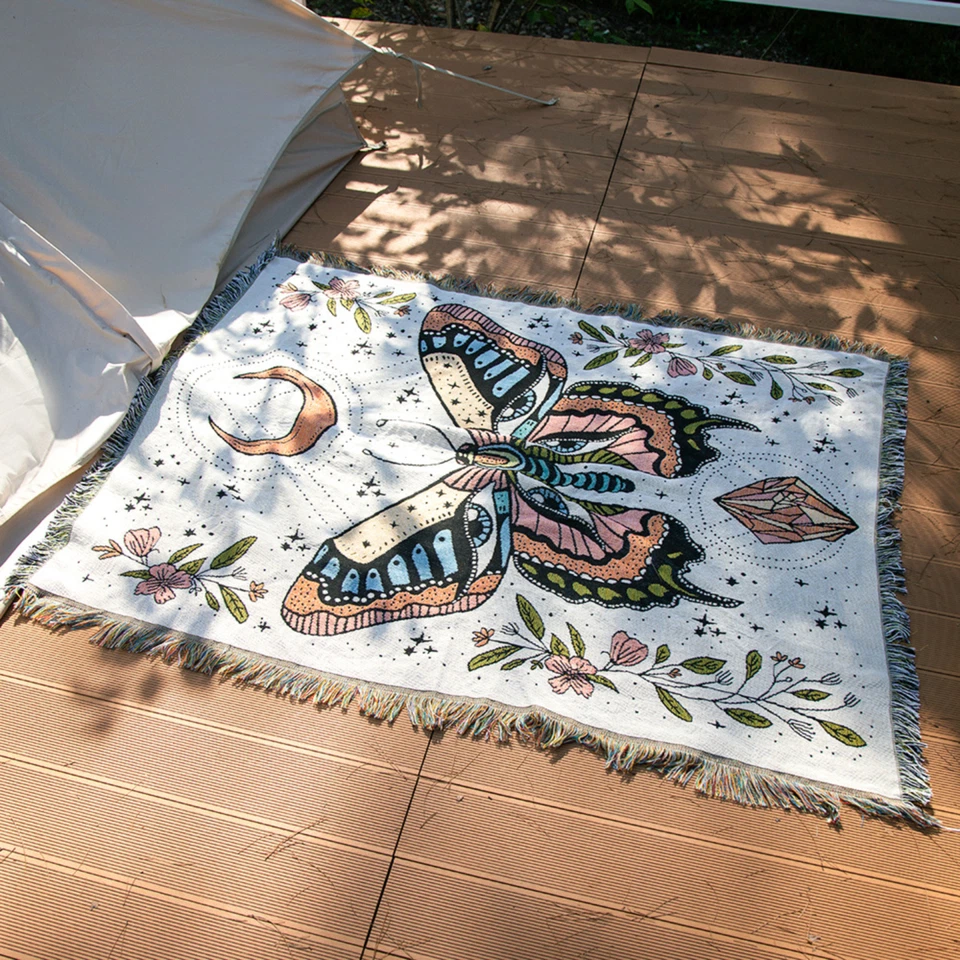 Boho Butterfly Blanket Celestial Moon Cotton Throw Tapestry Home Decor 130x160cm - Image 3 of 4