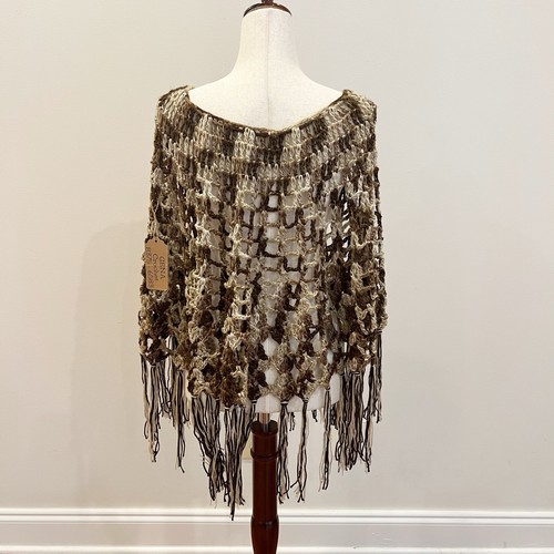 Handmade Crochet Poncho Womens OS Brown Cream Fringe Open Knit Boho Hippie Indie - Afbeelding 3 van 10