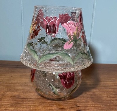 Candle Holder Crackle Glass Hummingbird Butterfly Tulips Design