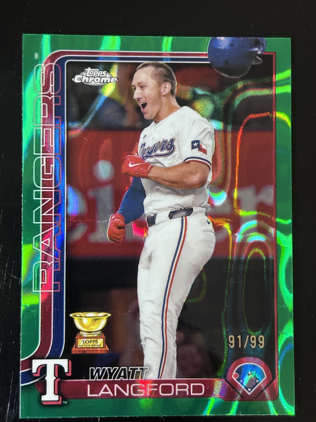 2025 Topps Chrome - Wyatt Langford #68 Green RayWave Refractor /99 Texas Rangers