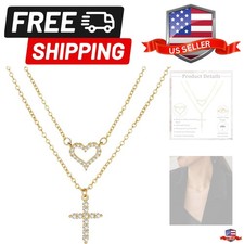 14K Gold Plated Layered Necklace for Women, Pearl Cross Cubic Zirconia Heart ...