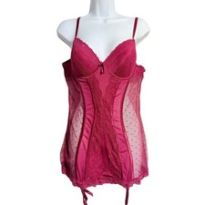 Frederick  s of Hollywood XL Pink Lace Mesh Baby doll Chemise Lingerie Garter
