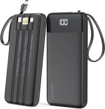 Portable 10000mAh Power Bank Built-in Cables LED Display USB-C Charger Black