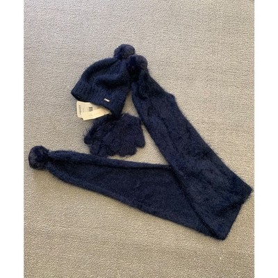 Mayoral Kids 2-4 Blue Fuzzy Pompom 3 in 1 Set Hat Scarf Mitten NWT