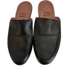 FitFlop Black Leather Loafer Low Wedge Mules Slides Minimalist Preppy