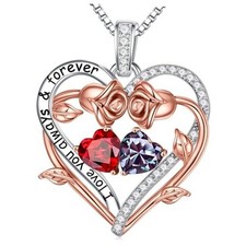 Rose Heart Double Birthstone Necklace Gifts for Wife 01-06-Jan-Jun Birthstone