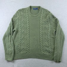 Polo Ralph Lauren Sweater Mens XL Green Aran Cable Knit Cotton Crewneck Heavy