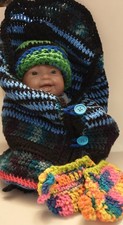 Baby Boy Blue Striped Cocoon Set, Hand Crocheted Baby Cost, Booties And Hat Set