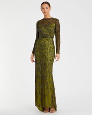 NWT $598 Mac Duggal Olive Green Beaded Long Sleeve Evening Gown