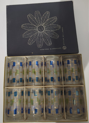 Set 8 Vintage MCM Libby Nordic Glasses - Gold rim/gold, blue, green, white 12 oz