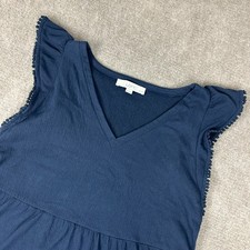 Loft Tiered Tank Dress Womens Medium Petite Blue Pom Pom Trim V-Neck Pullover