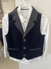NEXT Boys Navy Blue Velvet  Waistcoat and White Shirt Set Size 1.5 - 2 years