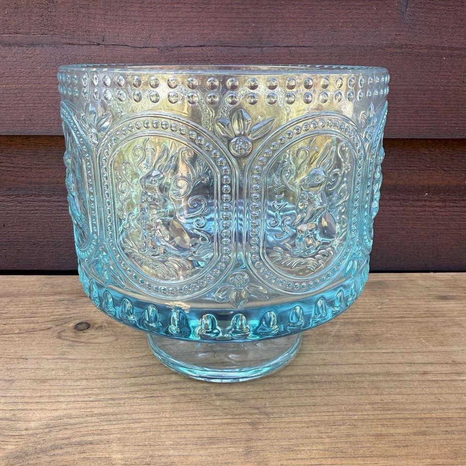 Embossed Bunnies Hobnail Large Heavy Trifle Pale Turquoise Pedestal Serving Bowl - Image 4 of 4